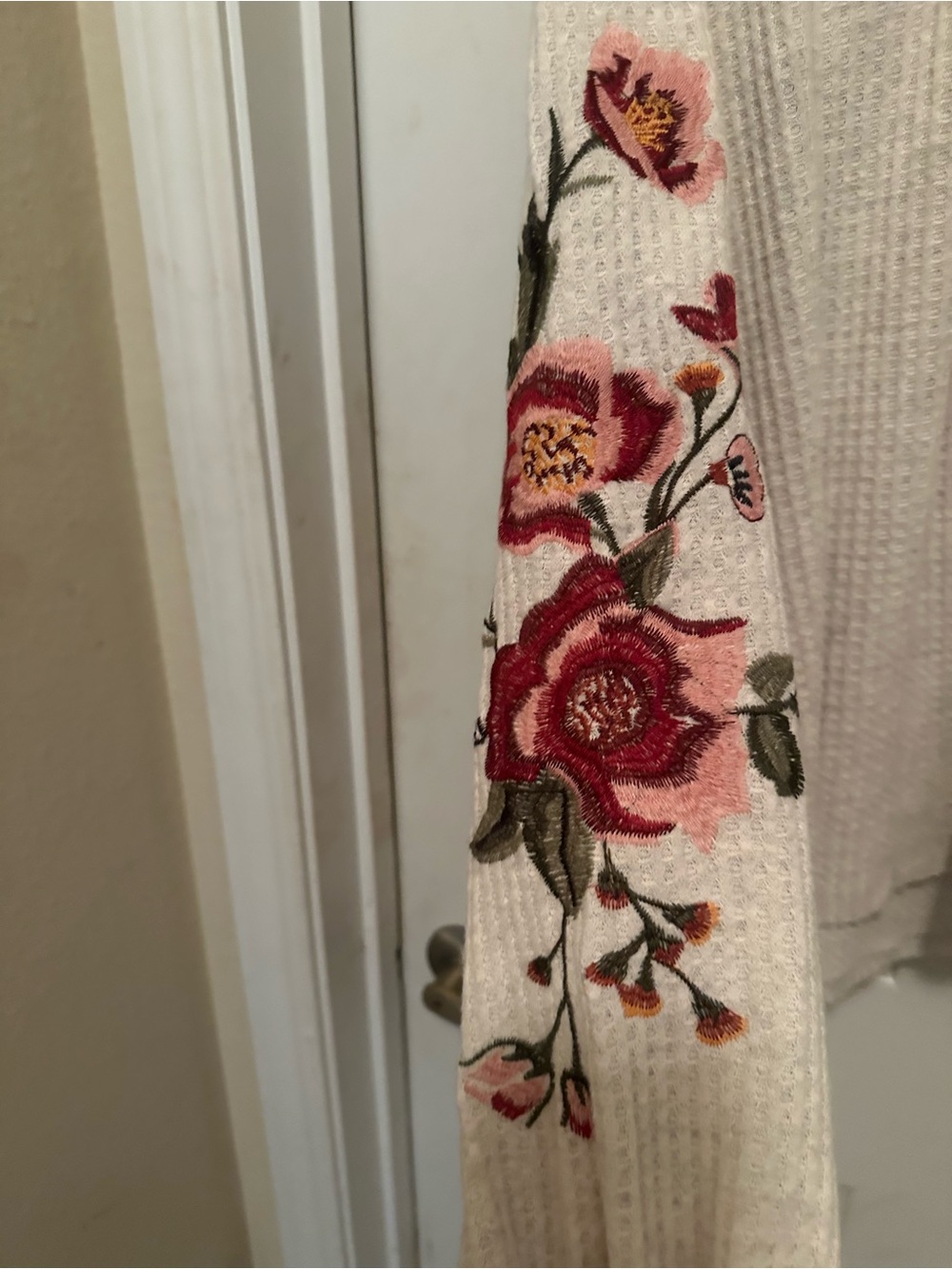 Embroidered Cream Boho Peasant Blouse with Floral Sleeves - Picture 2 of 3